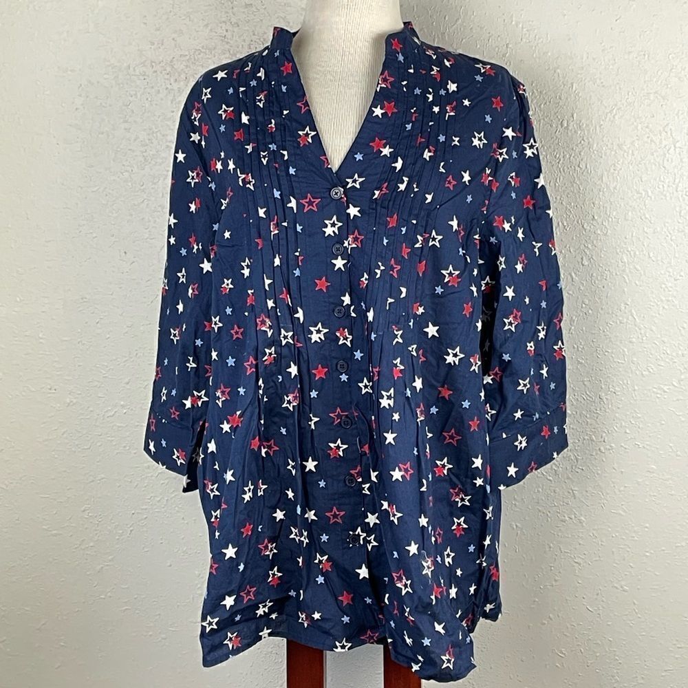EUC Scandinavian Woods Womens Red/White/Blue Star 3/4 Sleeve Button Down Top L